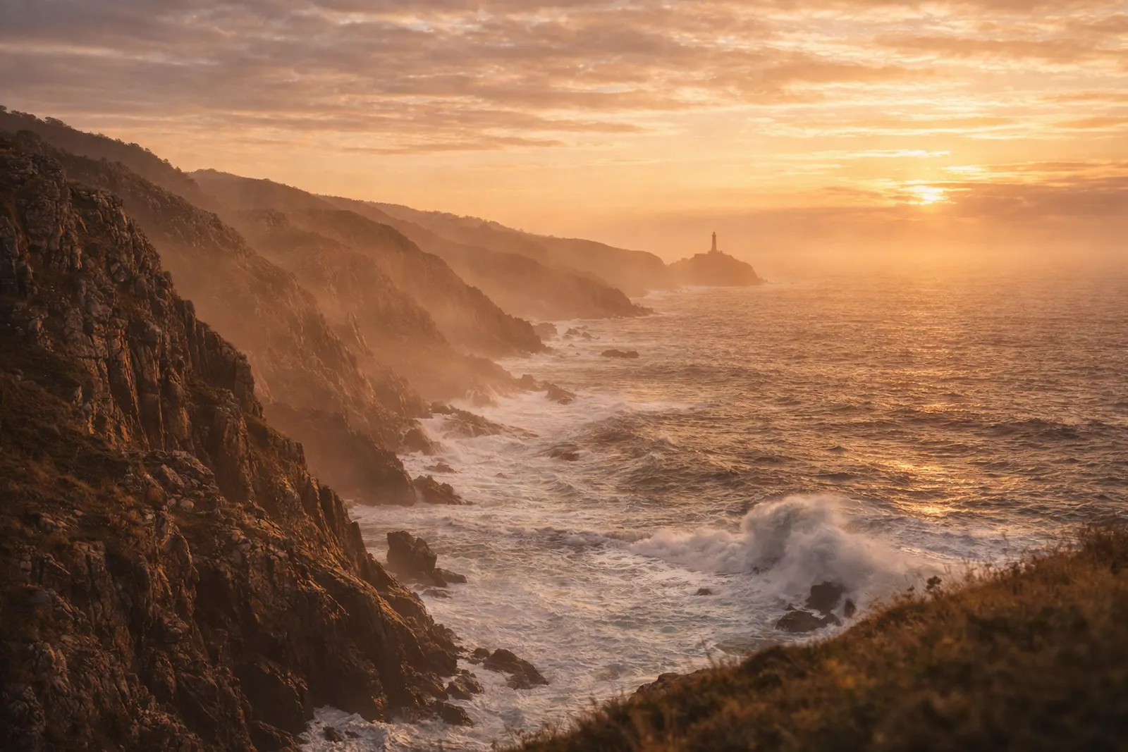 Acantilados del océano Atlántico en Galicia con luz dorada al atardecer, paisaje natural para bodas elegantes