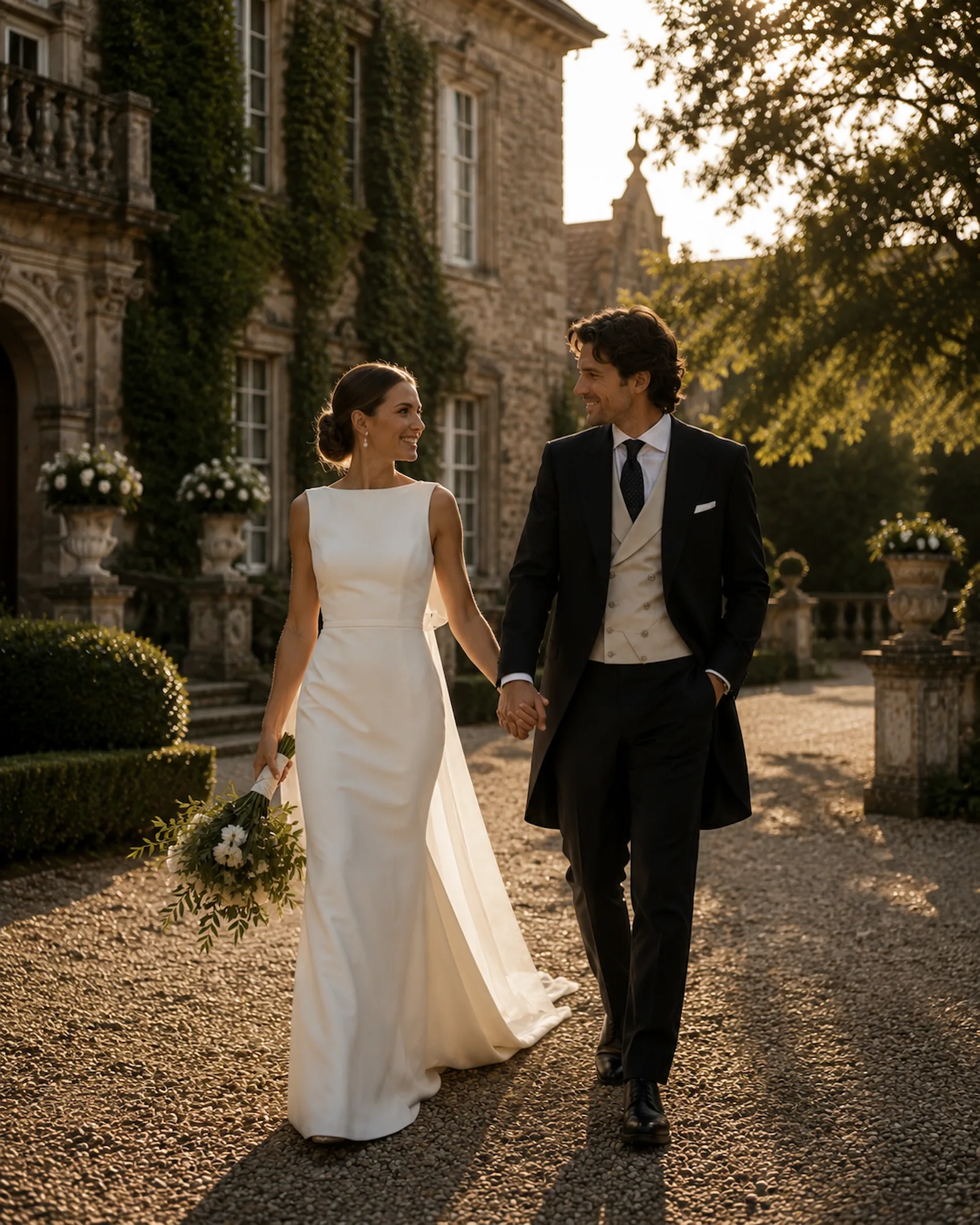 Pareja de novios caminando por un pazo en Galicia con la ayuda de un wedding planner