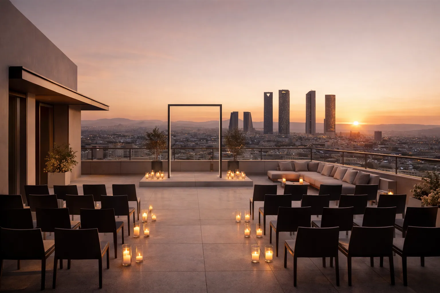 Boda elegante en azotea urbana en Madrid con skyline y luz de atardecer
