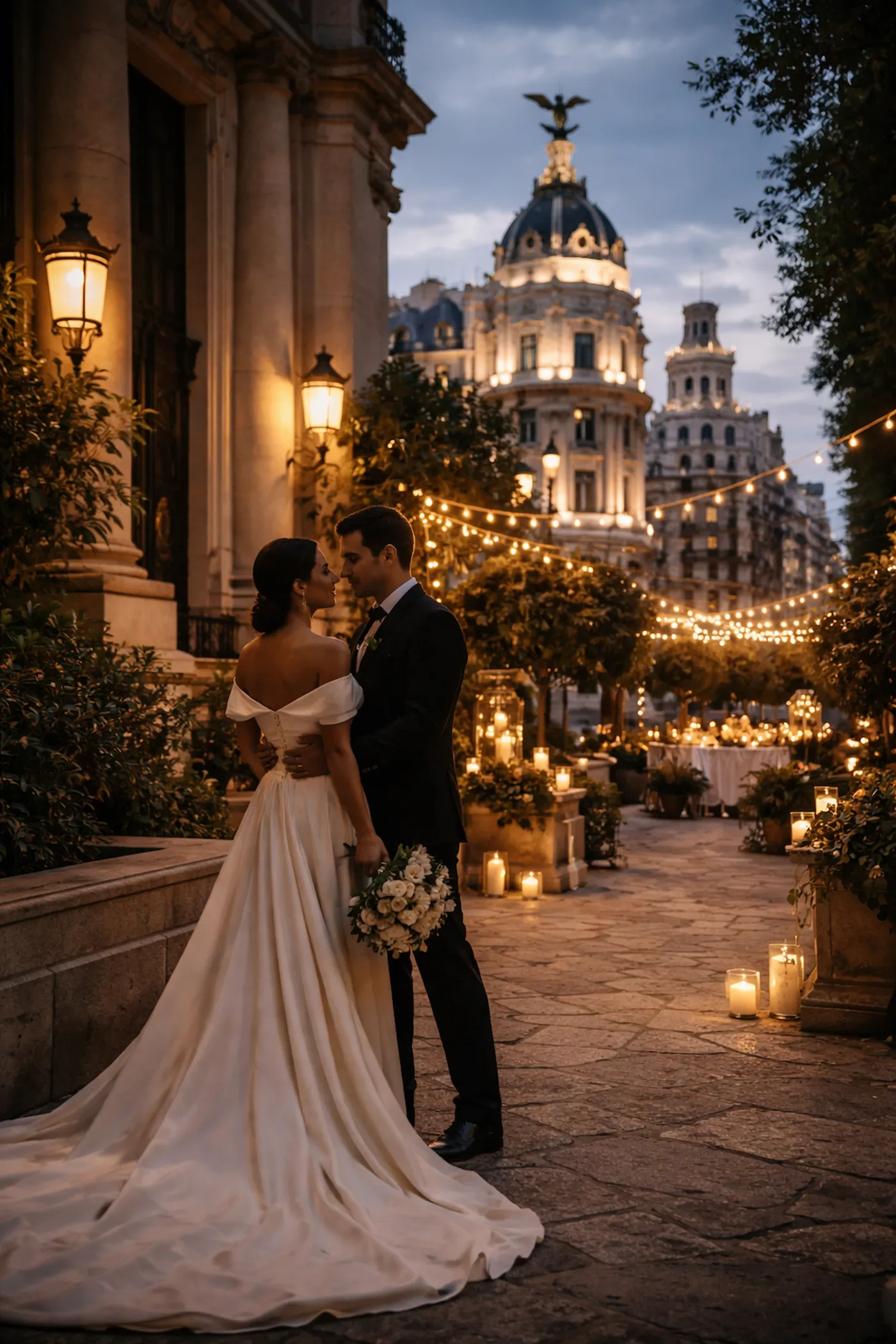Boda elegante en Madrid entre arquitectura clásica y ambiente urbano