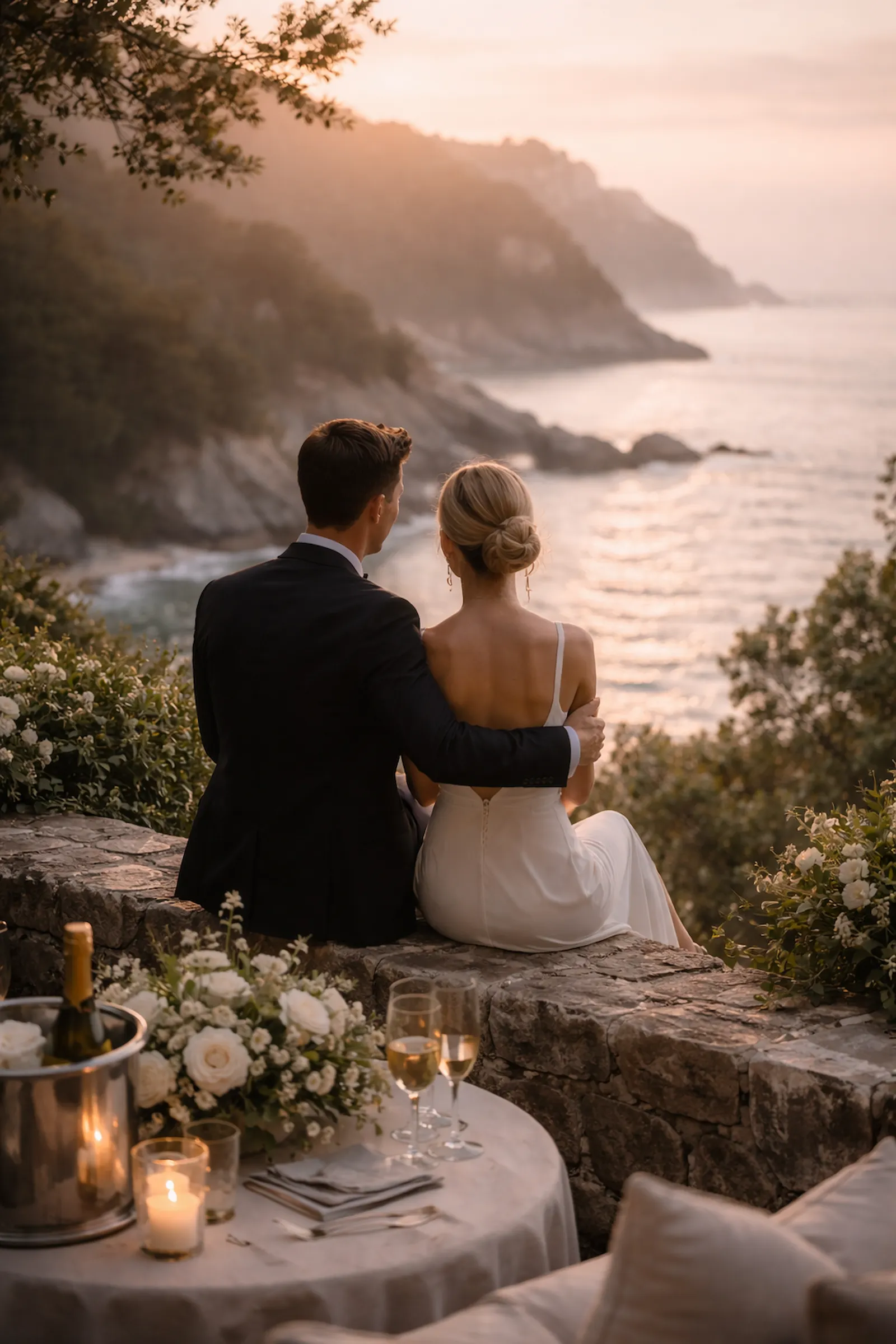 Pareja disfrutando de la calma frente al mar en una boda elegante en Galicia