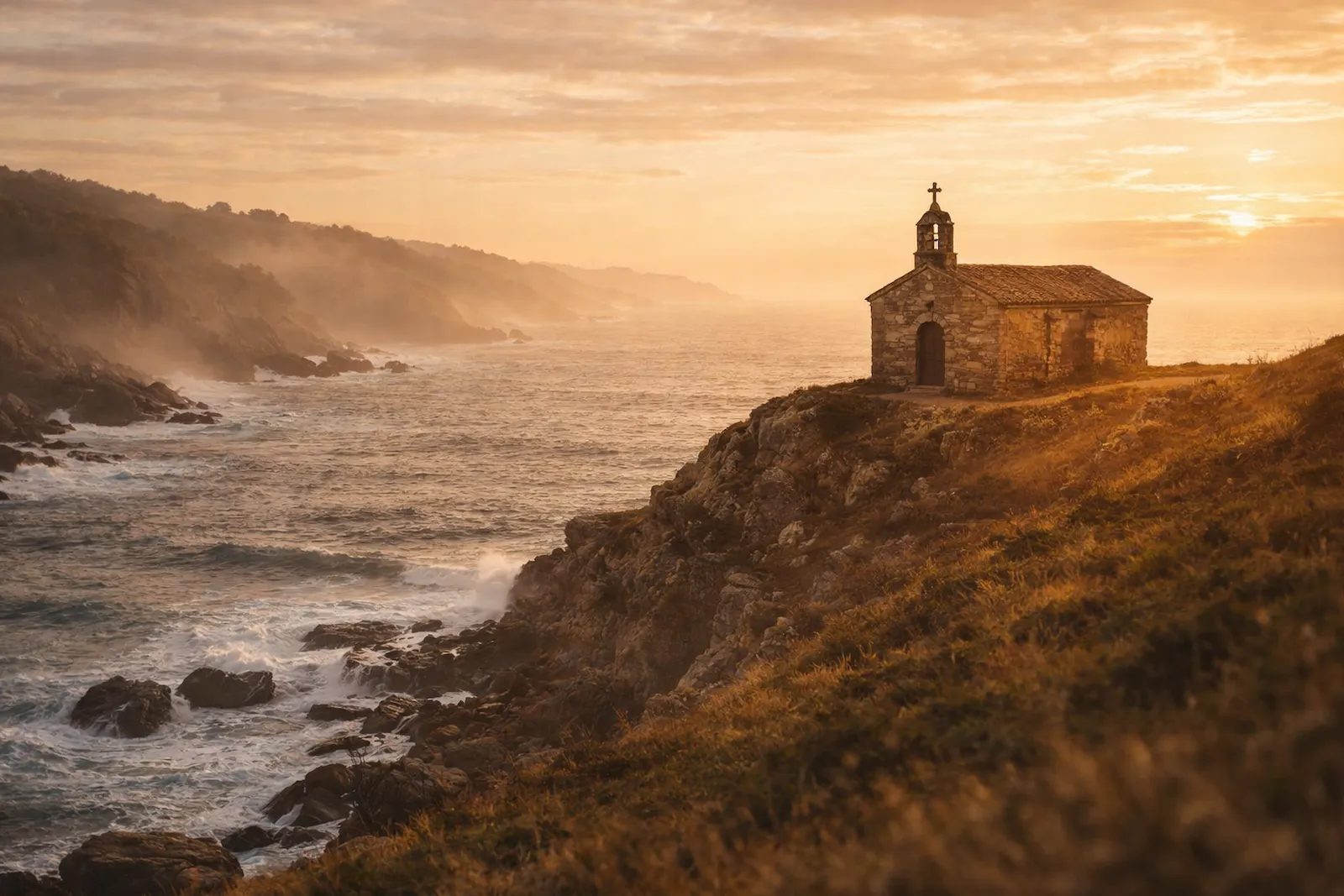 Ermita de piedra frente al océano Atlántico en Galicia, escenario íntimo para ceremonias de boda elegantes