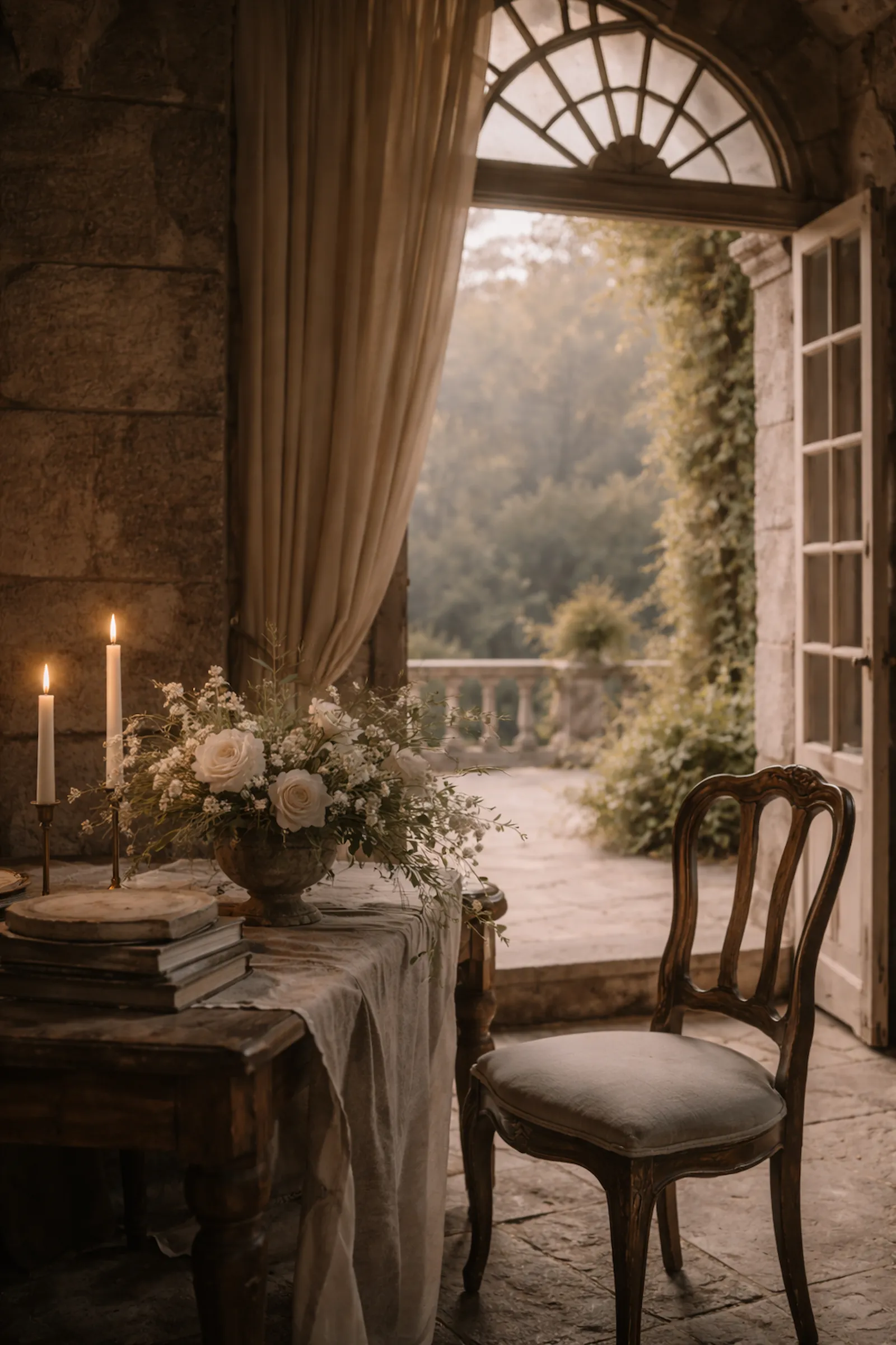 Interior de pazo gallego con dirección creativa para bodas editoriales