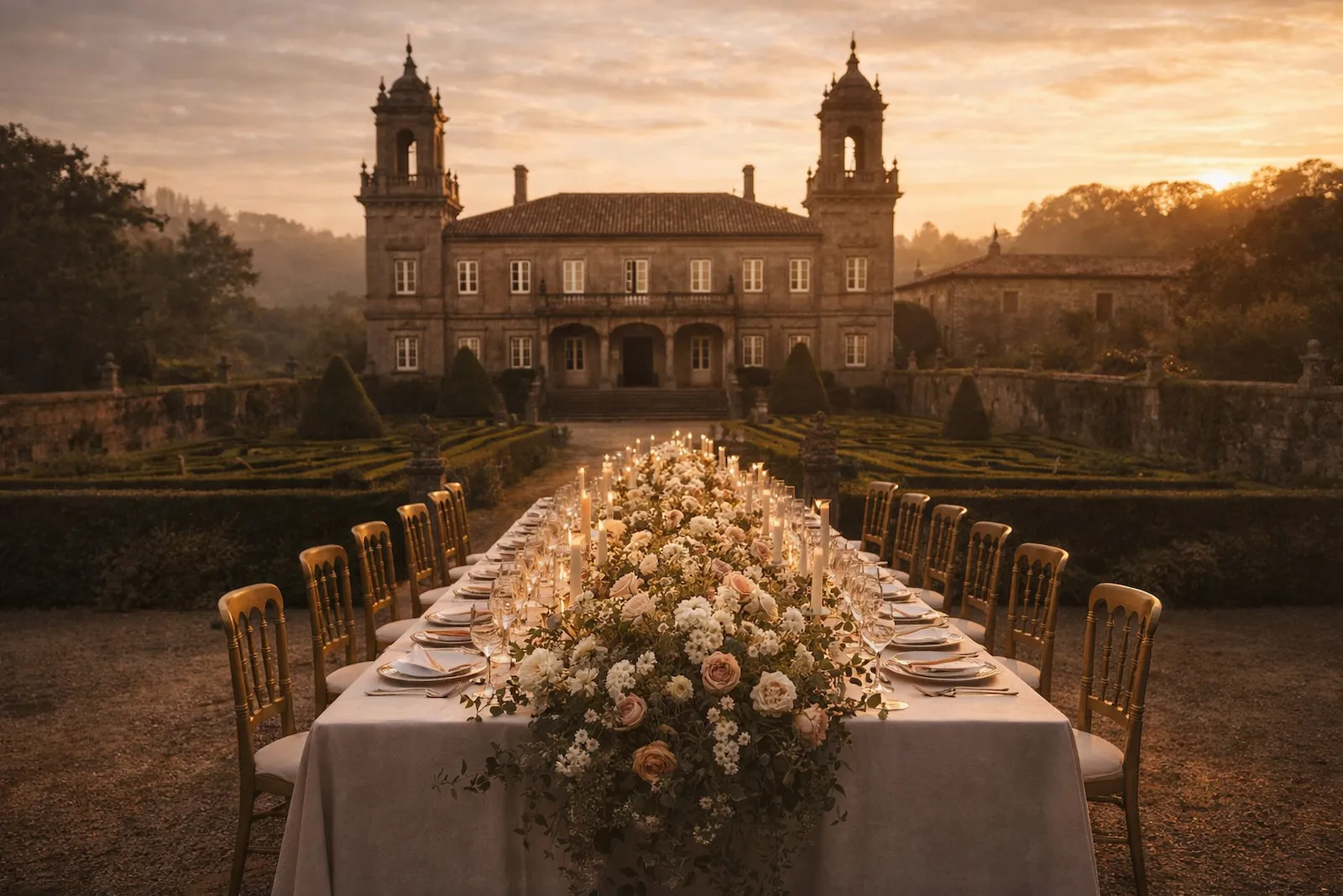 Mesa elegante de boda en un pazo gallego al atardecer, celebración editorial en Galicia