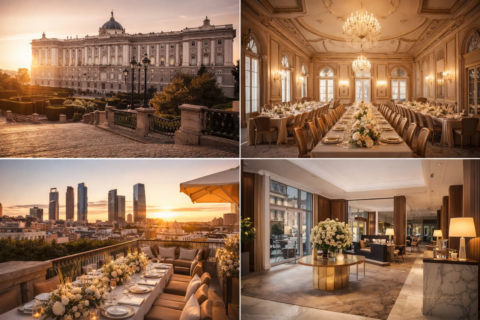 Espacios elegantes para organizar una boda en Galicia o Madrid: palacio, terraza urbana y salón clásico