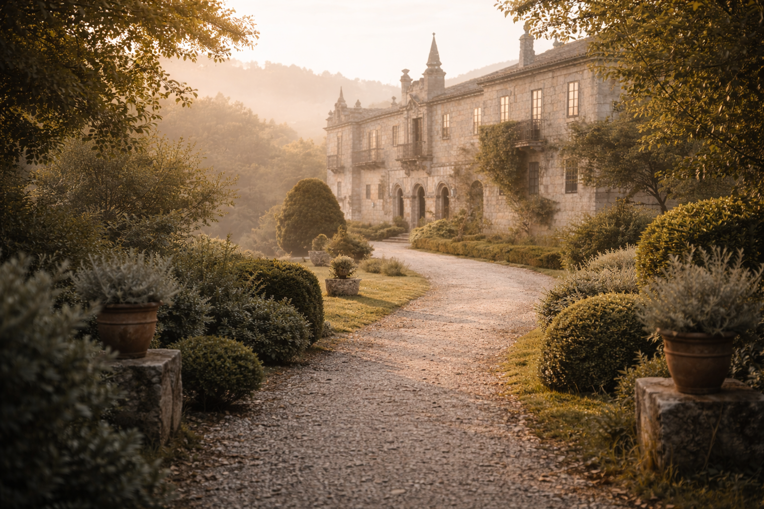 Camino de jardín en pazo gallego, ritmo sereno y paisaje elegante