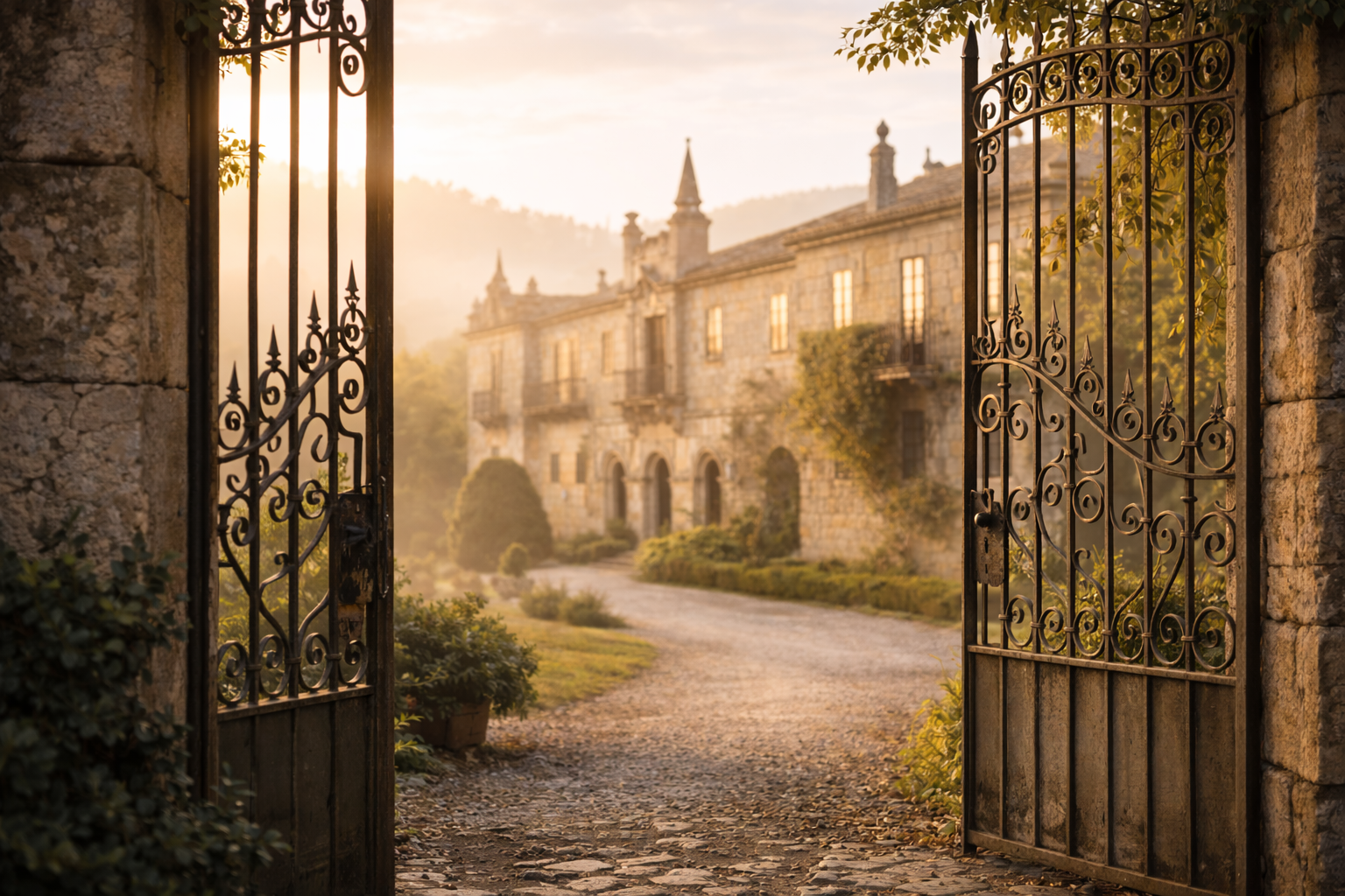 Entrada a pazo gallego con reja de hierro y luz dorada, estética editorial