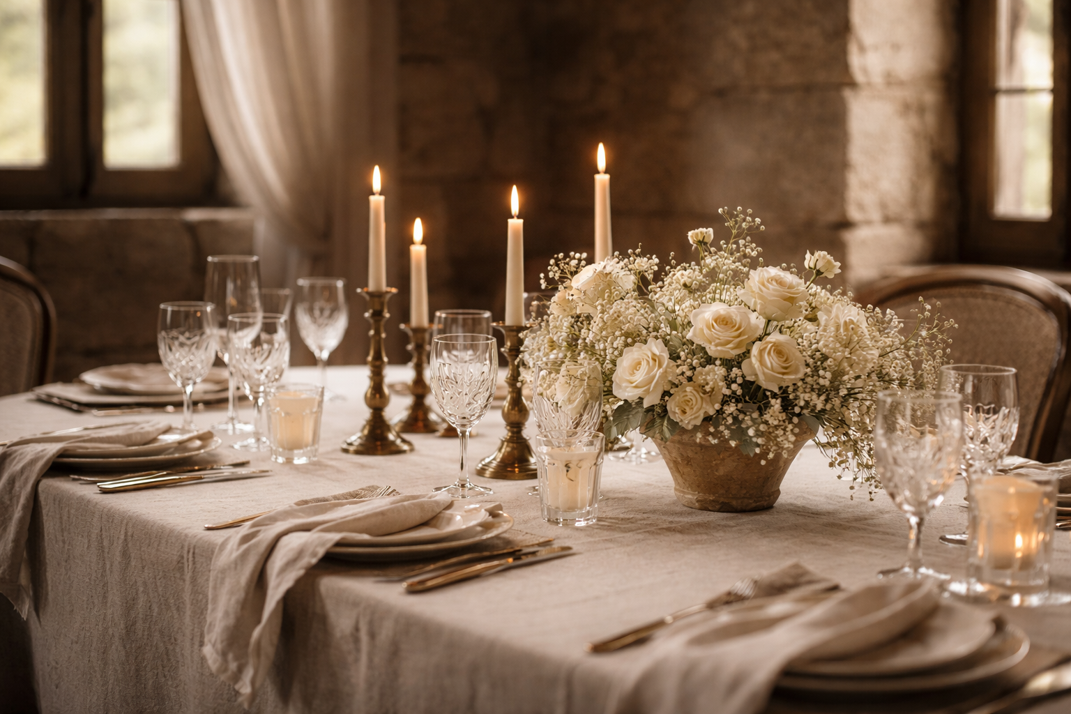 Mesa editorial con lino y cristalería en interior de pazo, lujo silencioso
