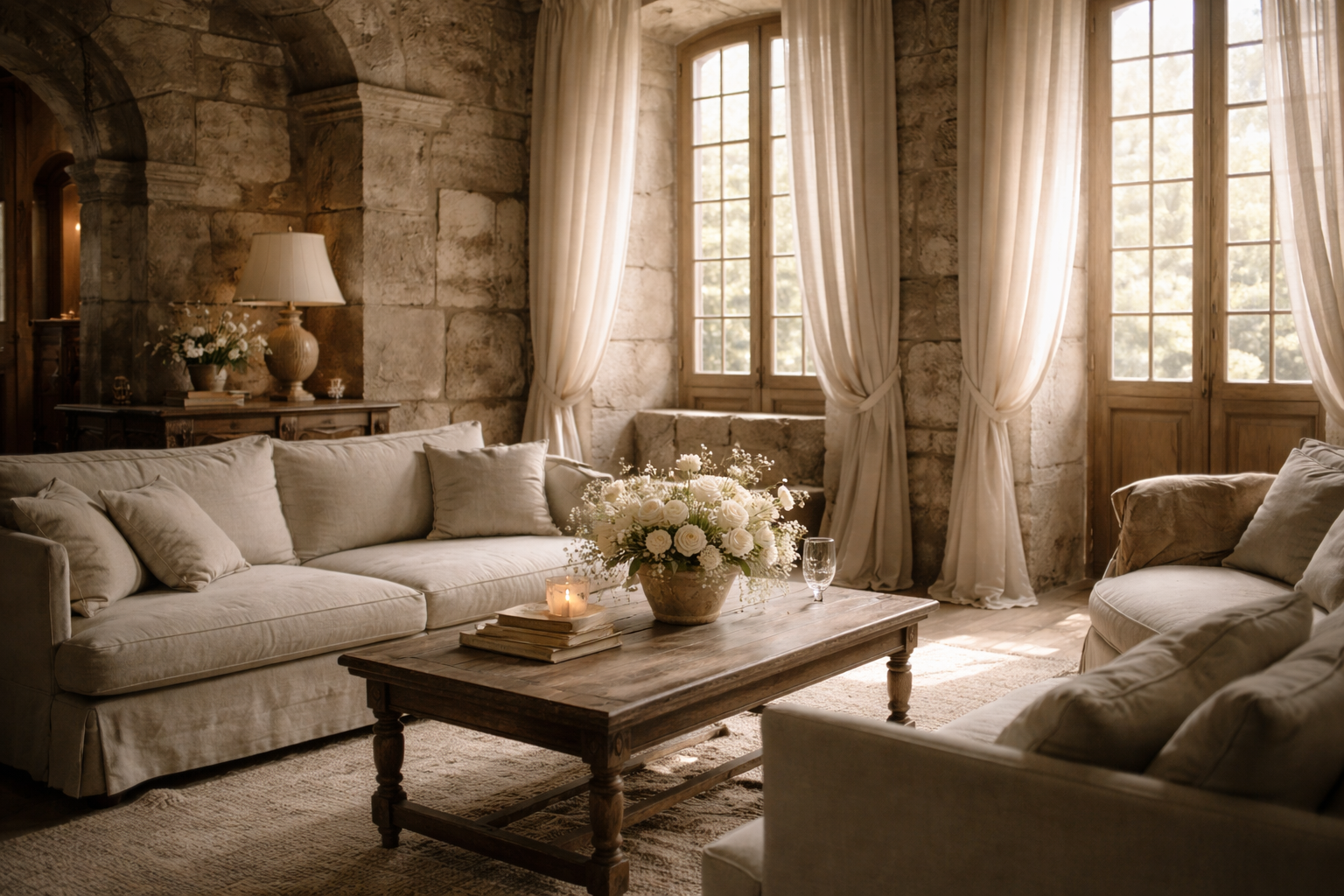 Interior de pazo con luz natural y estética de calma, estilo editorial