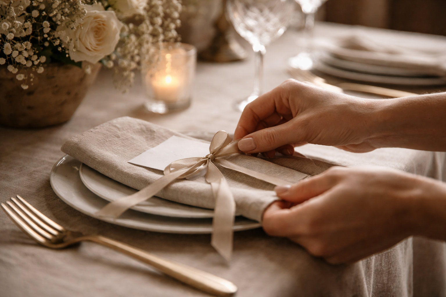 Gesto humano de coordinación: manos ajustando detalle en mesa con lino