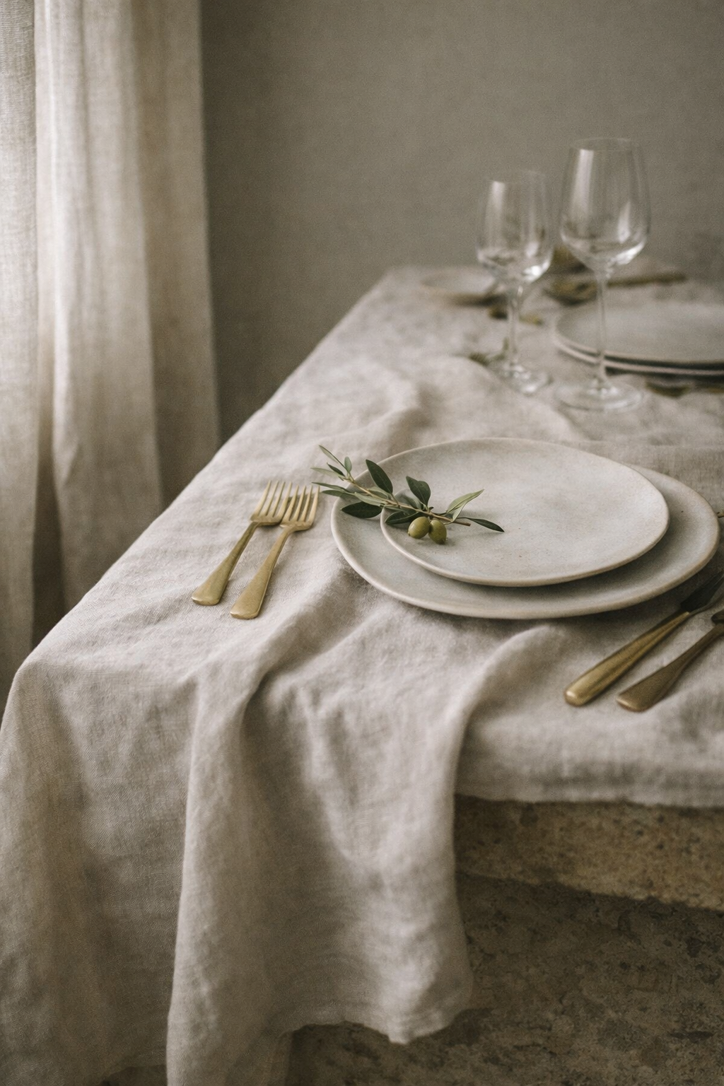 Mesa editorial con lino, preparación serena y equilibrio visual