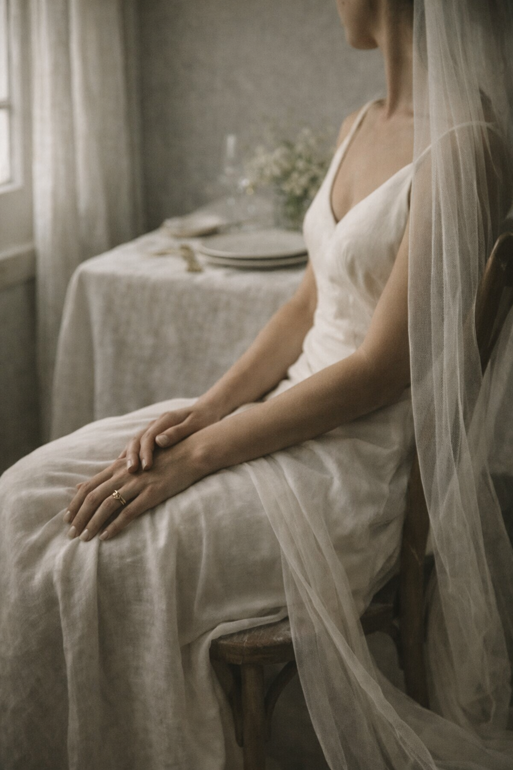 La novia en calma, manos serenas junto a la ventana, presencia editorial
