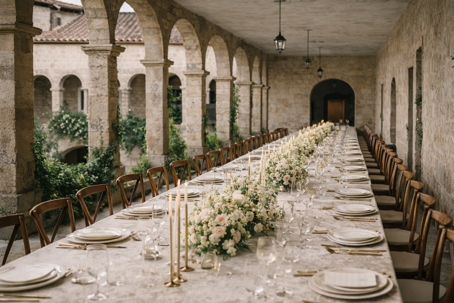 Banquete editorial en pazo gallego, mesas perfectamente organizadas con calma y precisión