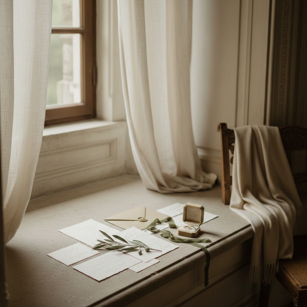 Papelería editorial junto a ventana, orden sereno y calma previa